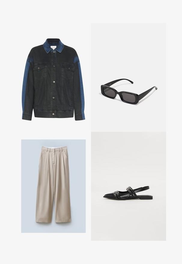 Dark denim jacket with a light blue accent on the arms, featuring a button-up front, two chest pockets, and a classic collar design.; White tank top made of lightweight fabric. Features a rounded neckline and wide armholes, with a smooth texture and minimal design.; Beige wide-leg trousers with a textured finish, featuring two side pockets, front pleats, and a waistband for secure fit.; Even&Odd Slingback ballet pumps - black; Black rectangular sunglasses with dark lenses, glossy finish, wide arms, and a chunky frame design. Engraved brand name on one arm.