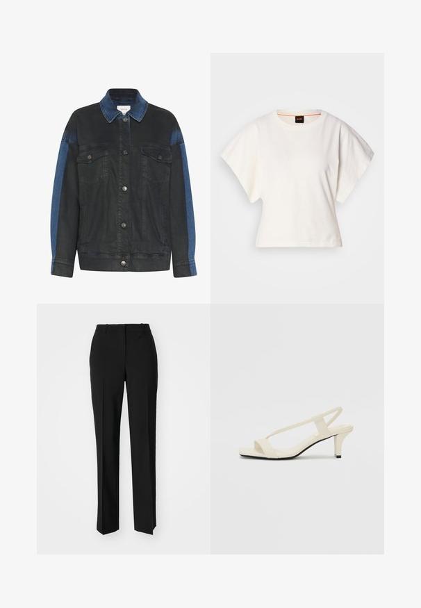 Tamno plavi traper jakna s svijetloplavim detaljima na rukavima, s kopčanjem na dugmad, dva prsna džepa i klasičnim dizajnom ovratnika.; Bijeli skraćeni T-shirt, široke kratke rukave, mekani pamučni materijal, okrugli izrez s suptilnim narančastim detaljem, minimalistički dizajn, bez uzoraka ili grafika.; Crne krojene hlače ravnog kroja, s glatkom teksturom i oštrim pregibima naprijed. Bez vidljivih metalnih dijelova.; Bež sandale na blok petu s tankim remenčićima i kvadratnim vrhom. Glatki materijal s minimalnim detaljima, dizajnirane za jednostavno nošenje.
