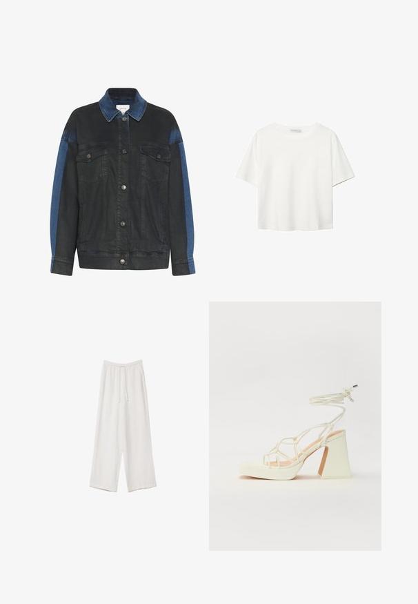 Tmavomodrá džínová bunda so svetlomodrým akcentom na rukávoch, s gombíkmi na prednej strane, dvoma náprsními vreckami a klasickým golierom.; Biela krátkopsová tričko vyrobené z bavlny. Má okrúhly výstrih a voľný strih. Hladká textúra bez viditeľných vzorov alebo akcentov.; Biele široké nohavice vyrobené z ľahkej tkaniny. Obsahujú elastický pás so sťahovacou šnúrkou a bočné vrecká. Hladká textúra.; Biele sandále na vysokom opätku s hrubým podpätkom, s pruhovaným dizajnom a viazaním na členku. Hladký povrch s platformou vpredu pre zvýšenú výšku.