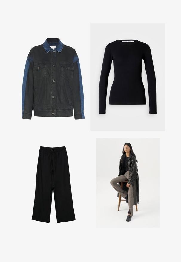 Giubbotto in denim scuro con un accento blu chiaro sulle maniche, dotato di chiusura a bottoni, due tasche sul petto e un design classico del colletto.; Top nero a maniche lunghe realizzato in tessuto a coste. Presenta un collo rotondo e una forma aderente. Nessun motivo o decorazione. Design semplice.; Pantaloni neri leggeri a gamba larga con vita elastica e cordino. Texture liscia, senza motivi o componenti visibili.; Cappotto lungo in pelle nera con dettagli di bottoni e cintura, abbinato a pantaloni aderenti marrone chiaro e mocassini neri, seduto su uno sgabello di legno.