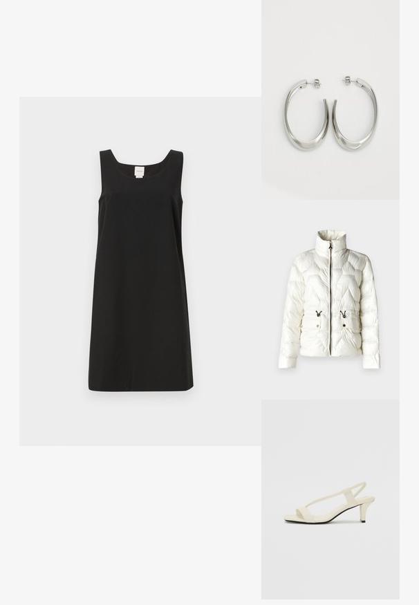 Patrizia Pepe JACKET - Vinterjakke - pearlish white; Svart ermeløs kjole med firkantet utringning og rett snitt, laget av mykt stoff. Har et minimalistisk design og ingen synlige detaljer.; Beige blokk-høydesandaler med tynne stropper og firkantet tå. Glatt materiale med minimale detaljer, designet for enkel bruk.; Sølvøreringer med en jevn, buet design. Har en blank metallisk finish og en studlås. Ingen synlige mønstre eller aksenter.