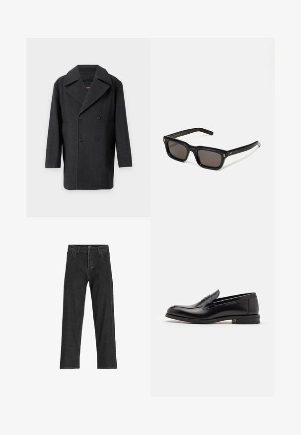 Donkergrijze dubbelbreasted wollen jas met een brede geklapte kraag, lange mouwen en twee voorzakken. Soepele textuur.; Zwarte gebreide trui met ritskraag en een textuurdesign, met een ritsluiting aan de voorkant en ribgebreide manchetten en zoom.; Zwarte spijkerbroek met een recht model, voorzien van een rits, riemlussen en zes zakken, gemaakt van een stevige katoenmix.; Zwarte leren instappers met een gladde textuur, ronde neus en een decoratieve band over de wreef. Lage, gestapelde hak en minimalistisch ontwerp.; Zwarte rechthoekige zonnebril met donkere lenzen, een dik plastic montuur, gouden accenten op de veren en het merkembleem gegraveerd op de arm.