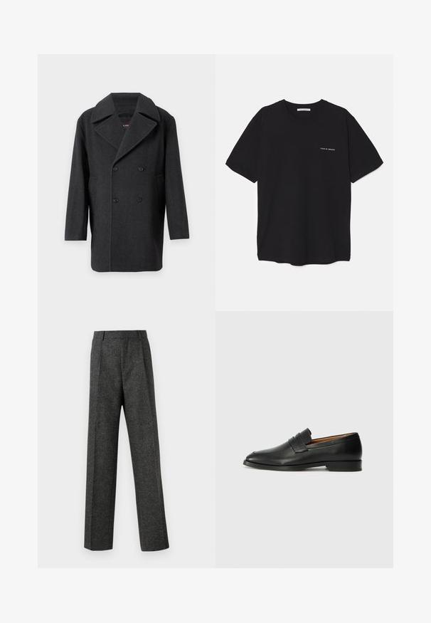 Temno sivi dvoslojni volneni plašč z širokim poševnim ovratnikom, dolgimi rokavi in dvema sprednjima žepoma. Gladka tekstura.; Črna bombažna majica s kratkimi rokavi in okroglim ovratnikom, z belim logotipom natisnjenim na levi prsni strani. Preprost, enobarven dizajn.; Sive krojene hlače iz teksturirane tkanine, ki imajo dva sprednja nabora in ravno kroj. Brez vidnih žepov ali okrasnih elementov.; Črne usnjene loferice z zaobljenim prstom, subtilnim šivanjem in nizkim petam, ki se odlikujejo po gladki teksturi in minimalističnem oblikovanju.
