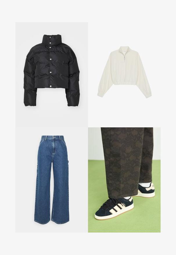 Mustmust mustpuffer jakk mustmust must kõrge krae, nupuga sulgemine ja tikanditega tekstuur koos laia puhviga varrukatega.; Kreemfarbenest lühikese varrukaga kudum, millel on kõrge kaelus, pool tõmblukk, elastne allosa ja varrukad, sile tekstuur ja minimaalne disain.; Laiene jalad sinised denim püksid kõrge vöökohaga, kontrastsete õmblustega ja küljetaskutega, klassikalise viie taskuga disainiga ja toore servaga.; Mustare ja mustrilised püksid, mis on paaritatud tumesiniste sametist tossudega, millel on kreemivärvilised triibud ja valged tallad. Kuvatud pinnad on tekstuuriga ja siledad.