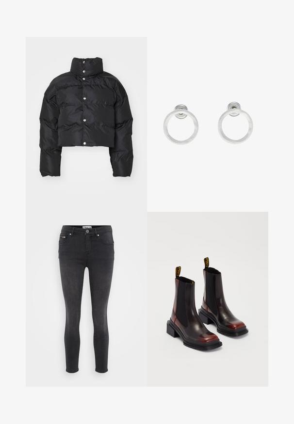 Mustmust mustpuffer jakk mustmust must kõrge krae, nupuga sulgemine ja tikanditega tekstuur koos laia puhviga varrukatega.; Even&Odd Petite 2 PACK - Topp - light grey/black; Mustad mustad teksad. Ees on nööp sulgemine ja sirge tasku vööl. Sile tekstuur minimaalsete plekkidega.; Dr. Martens MAYBOLE CHELSEA - Platvormtallaga poolsaapad - black/cherry red; Hõbedased metallist rõngastooted, millel on harjatud tekstuur, ümmargune disain ja selge tagumine post, tagamaks kindlat kandmist.