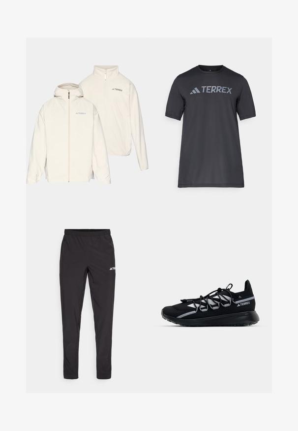 White two-in-one jacket featuring a hood, zipper closure, and "TERREX" logo. Soft texture with a lightweight design.; Black short-sleeve t-shirt made of lightweight fabric, featuring a light gray “TERREX” logo across the chest and a crew neckline.; Black athletic pants with an elastic waistband, two side zip pockets, and a logo on the upper right leg. Smooth, lightweight fabric.; Black athletic shoe with a mesh upper, reflective accents, elastic laces, and a textured rubber sole. Features a sleek design for performance.