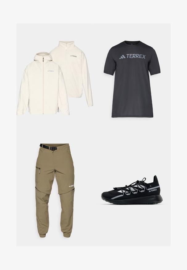 Witte twee-in-een jas met capuchon, ritsluiting en "TERREX" logo. Zachte textuur met een lichtgewicht ontwerp.; Zwarte korte mouwen t-shirt van lichtgewicht stof, met een lichtgrijze "TERREX" logo over de borst en een ronde hals.; Khaki outdoor broek met een verstelbare zwarte riem, ritszakken, taps toelopende mouwen en afneembare onderbenen voor veelzijdige styling.; Zwarte sportieve schoen met een mesh bovenkant, reflecterende accenten, elastische veters en een getextureerde rubberen zool. Beschikt over een gestroomlijnd ontwerp voor optimale prestaties.