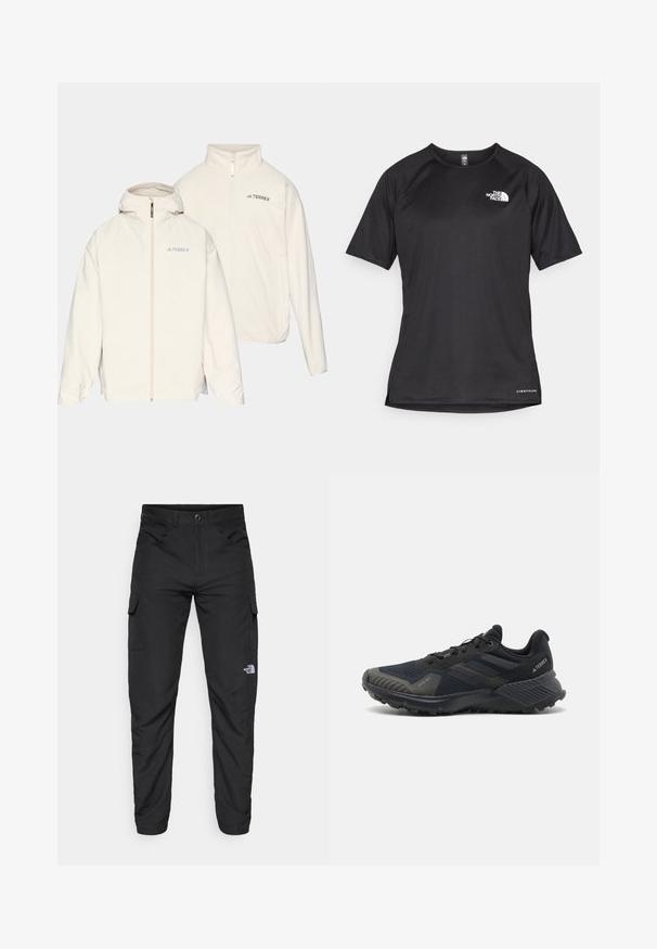Bijela dvostruka jakna s kapuljačom, zatvaranjem na patentni zatvarač i "TERREX" logom. Meka tekstura s laganim dizajnom.; Crna kratkotrajna atletska majica s teksturiranom tkaninom, koja ima bijeli logo na lijevom prsnom dijelu i ravni rub.; The North Face HORIZON PANT - Hlače za otvoreno - black; Crne atletske tenisice s teksturiranim mrežastim gornjim dijelom, gumenim potplatom i istaknutim sivim detaljima na prstima i bočnim panelima. Ojačan dizajn pete.
