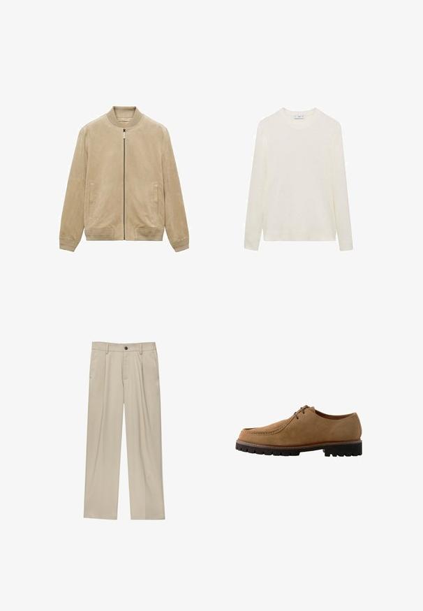 Giacca bomber in suede beige con zip frontale, colletto e polsini a coste, e due tasche laterali, caratterizzata da una texture liscia e opaca.; Maglione a maniche lunghe color crema con una texture a costine, scollo rotondo e orlo dritto. Realizzato in un tessuto morbido per garantire comfort.; Pantaloni beige a taglio dritto, con un solo bottone nero, passanti per la cintura e tasche laterali. Tessuto dalla texture liscia e design minimale.; Scarpa in suede marrone con lacci, punta tonda, dettagli cuciti e suola in gomma nera a contrasto con battistrada profondo per una migliore aderenza.