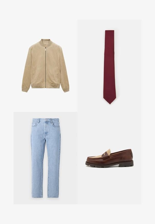 Beige suede bomber jacket with a front zipper, ribbed collar and cuffs, and two side pockets, featuring a smooth, matte texture.; White long-sleeve button-up shirt made of smooth fabric. Features a classic collar, front buttons, and single-button cuffs. Slim fit design.; Light blue denim jeans with a straight-leg design, five pockets, and a button-fly closure. Soft texture with a classic faded finish.; Brown leather loafers with a taupe canvas accent, stitched detail, and a textured rubber sole designed for comfort and durability.; Burgundy silk tie, narrow shape with a solid texture. Features a pointed tip, consistent color, and smooth finish.