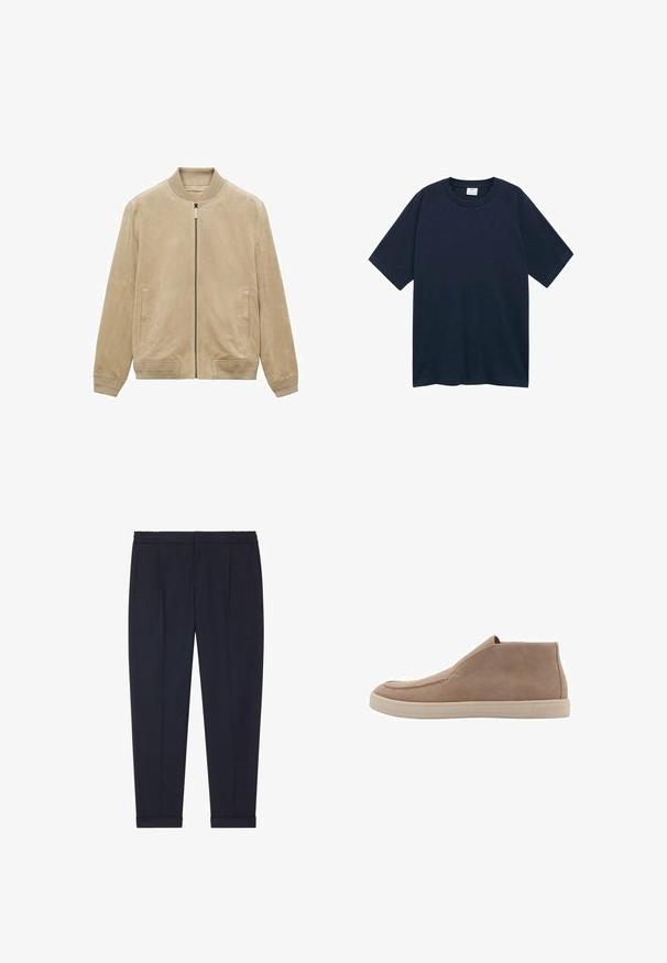 Béžová semišová bombardér bunda s predným zipsom, rebrovaným golierom a manžetami, a dvoma bočnými vreckami, s hladkým, matným povrchom.; Mango CIRCO - Základné tričko - royal blue; Námornícke nohavice vyrobené z hladkej tkaniny s priliehavým strihom, s dvoma prednými vreckami a manžetami na členkoch.; Béžové semišové členkové topánky s okrúhlou špičkou, elastickými bočnými panelmi a svetlo béžovou gumovou podrážkou. Minimalistický dizajn, žiadne viditeľné kovové časti.