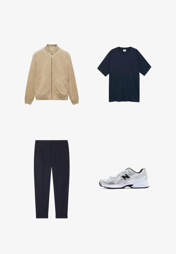 Beige mockaljacka i mocka med dragkedja fram, ribbat krage och ärmslut, samt två sidofickor, med en jämn, matt yta.; Mango CIRCO - T-shirt - bas - royal blue; Marina byxor i en slät tyg med en skräddarsydd passform, med två framfickor och manschetter vid anklarna.; Silvrig sportskor med meshmaterial, svarta accenter, perforerad design och en vadderad vit sula. Har en framträdande 'N'-logga.