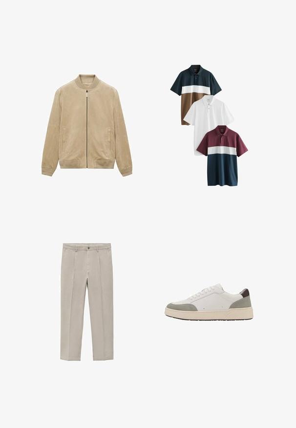 Béžová semišová bomber bunda s předním zipem, žebrovaným límcem a manžetami, a dvěma bočními kapsami, s hladkým, matným povrchem.; Tři polo trička: jedno tmavě modré s hnědými a bílými pruhy; jedno čistě bílé; a jedno burgundské s bílým pruhem na spodní části.; Světle béžové kalhoty vyrobené z bavlněné směsi, se střihovým designem rovného nohavice, předními záhyby, zapínáním na knoflík a bočními kapsami.; Bílé tenisky s šedou semišovou a tmavě hnědou koženou akcentací. Mají šněrovací design, zaoblenou špičku, silnou bílou gumovou podrážku a minimální prošívání.
