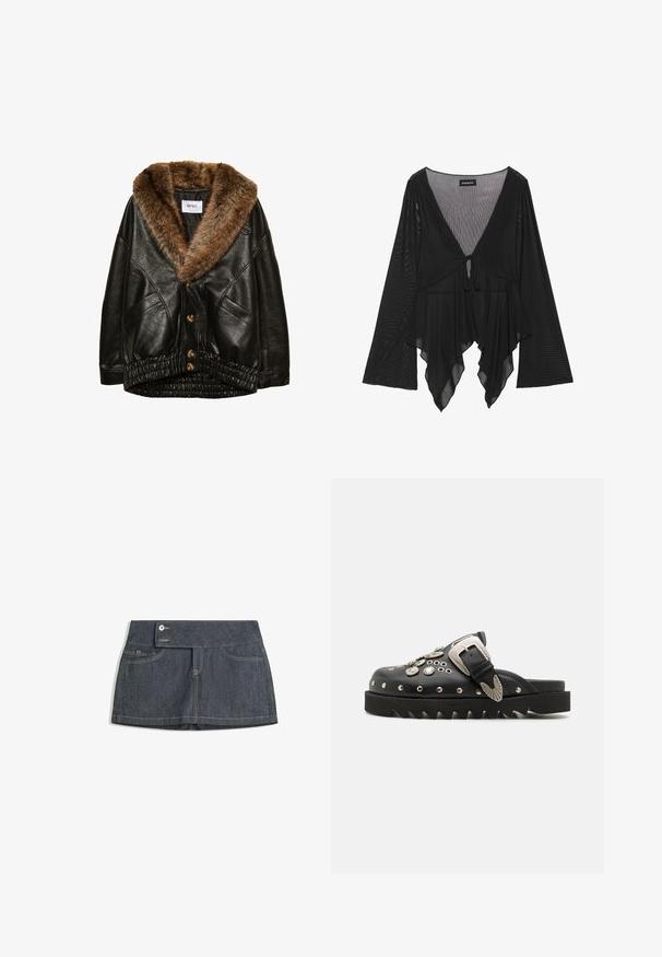 Czarna skórzana kurtka z brązowym futrzanym kołnierzem, zapięcie na guziki z przodu oraz elastyczny ściągacz na dole. Teksturowane wykończenie z bocznymi kieszeniami.; Czarna przezroczysta bluzka z długimi dzwonowymi rękawami, głębokim dekoltem w serek i detalem z przodu w postaci związania. Posiada luźny, warstwowy dół z subtelną fakturą.; Ciemnoniebieska spódnica dżinsowa z wysokim stanem, z dwoma przednimi kieszeniami, zapięciem na guzik i kontrastowym przeszyciem wzdłuż brzegów.; Czarne skórzane chodaki z metalowymi zdobieniami, w tym ćwiekami i dekoracyjną klamrą, z grubą, ząbkowaną podeszwą.