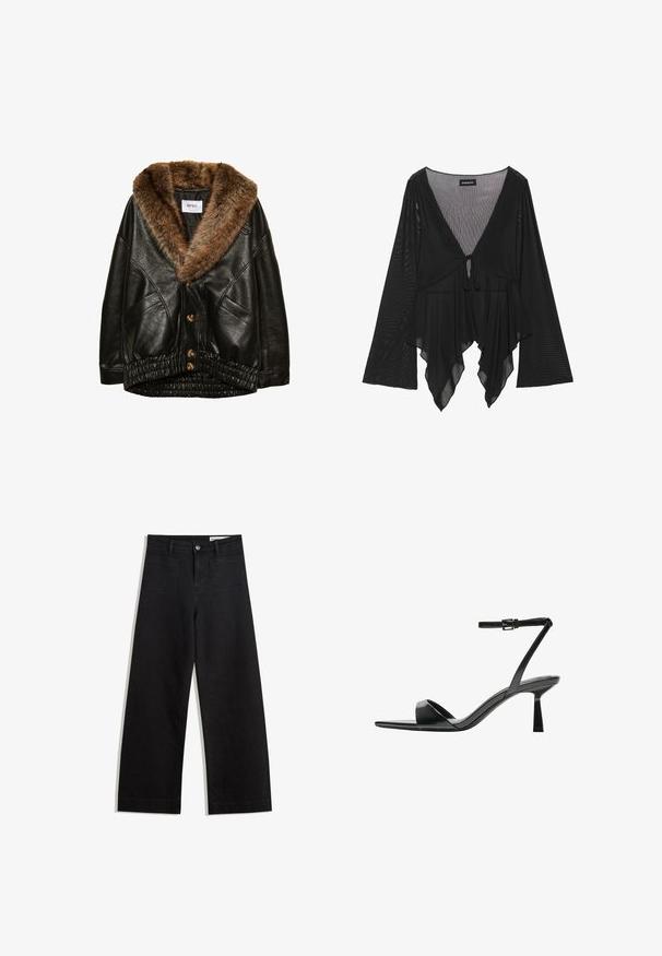 Giacca di pelle nera con colletto in finta pelliccia marrone, chiusura frontale con bottoni e orlo elastico arricciato. Finitura testurizzata con tasche laterali.; Blusa nera trasparente con maniche a campana lunghe, scollatura a V profonda e dettaglio con nodo frontale. Presenta un orlo a strati e fluido con una sottile texture.; Pantaloni in denim neri a gamba larga con vita alta, dotati di tasche anteriori e posteriori, cuciture a punto, e chiusura con bottone. Texture liscia.; Bershka Sandali con tacco - black