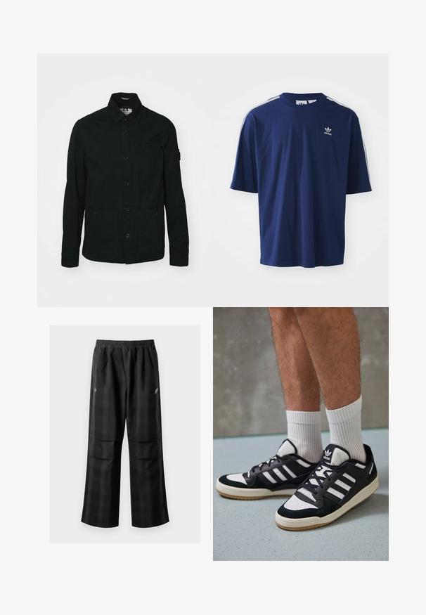 Fekete, hosszú ujjú ingdzseki, pamutból készült, gombos elülső résszel, két nagy elülső zsebbel és egy kisméretű mellzsebbel.; Navy kék pamut póló rövid ujjal, kerek nyakkal, három fehér csíkkal a vállakon és egy apró fehér logóval a mellkason.; Fekete kockás nadrág, rugalmas derékkal, két elülső zsebbel és laza, egyenes szárú fazonnal. Könnyű anyagból készült.; Fekete-fehér tornacipők velúr és bőr felsőrésszel, három fehér csíkkal, perforált orral és gumi talppal.