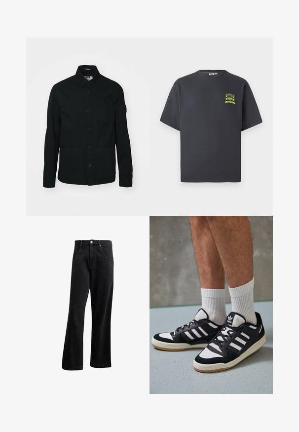Black, long-sleeve shirt jacket made of cotton, featuring a button-down front, two large front pockets, and a small chest pocket.; Charcoal gray Adidas T-shirt with short sleeves and a small neon green graphic of speakers, sun, and Adidas logo on left chest.; Black denim jeans with a straight-leg design, featuring front pockets, a button fly, and slight texture. Includes a subtle logo detail.; Black and white sneakers with a suede and leather upper, featuring three white stripes, a perforated toe, and a gum rubber sole.