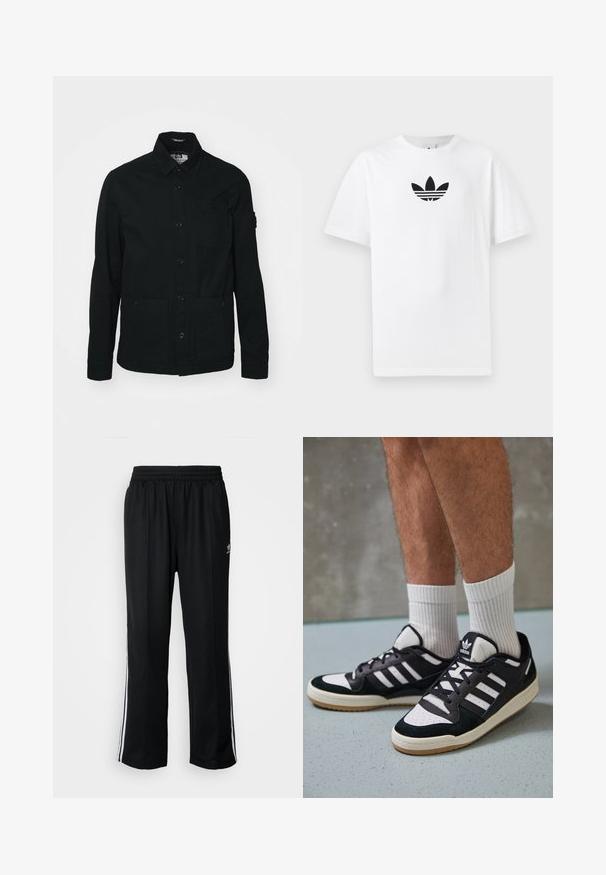 Czarna kurtka koszulowa z długim rękawem, wykonana z bawełny, z zapięciem na guziki z przodu, dwiema dużymi kieszeniami z przodu oraz małą kieszonką na piersi.; Biała bawełniana koszulka z krótkim rękawem, z czarnym logo Adidas na środku. Klasyczny fason z okrągłym dekoltem. Gładka tekstura.; Czarne sportowe spodnie z elastycznym paskiem w talii, z białymi paskami po bokach i małym logo. Materiał wydaje się miękki i lekki.; Czarno-białe sneakersy z zamszową i skórzaną cholewką, z trzema białymi paskami, perforowanym czubkiem i gumową podeszwą w kolorze gumy.