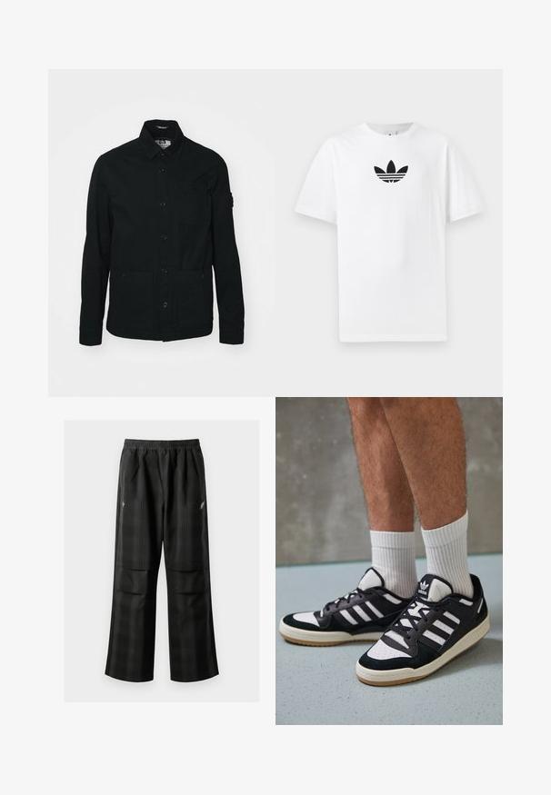 Camisa jaqueta preta de mangas longas, feita de algodão, com fecho frontal de botões, dois grandes bolsos frontais e um pequeno bolso no peito.; T-shirt de algodão branco com um logo preto da Adidas no centro. Mangas curtas e um design de gola redonda. Textura suave.; Calças pretas em padrão xadrez com cintura elástica, dois bolsos frontais e um ajuste solto com design de perna reta. Feitas de material leve.; Ténis em preto e branco com upper em camurça e couro, apresentando três riscas brancas, um toe perfurado e uma sola em borracha de goma.