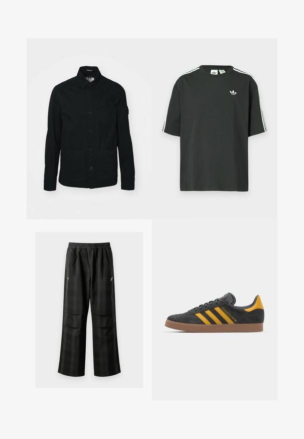 Svart, långärmad skjortjacka i bomull, med knappstängning fram, två stora framfickor och en liten bröstficka.; Svart bomulls-t-shirt med korta ärmar, rund halsringning och vita tre ränder på axlarna. Har en liten vit logotyp på bröstet.; Svarta rutiga byxor med elastisk midja, två framfickor och en lös passform med rak bendesign. Tillverkade av lätt material.; Svart mockaskor med gula accenter, med tre ränder och en brun gummisula. Inkluderar en vadderad tunga för extra komfort.