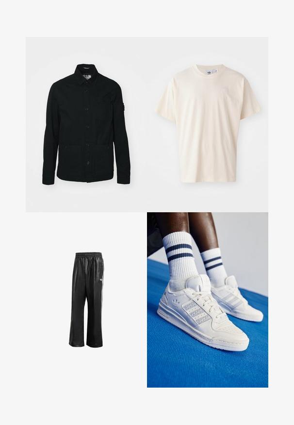 Juodas, ilgomis rankovėmis medvilninis švarkas, turintis užsegimą mygtukais, dvi dideles priekinės kišenes ir vieną mažą krūtinės kišenę.; Kremo spalvos medvilnės marškinėliai su apvaliu iškirpimu ir trumpomis rankovėmis; ant krūtinės yra mažas, šviesios spalvos logotipas.; Juodos sintetinių medžiagų treniruočių kelnės su elastingu juosmeniu, su baltomis šoninėmis juostelėmis ir mažuoju baltu logotipu kairėje klubo pusėje.; Baltos odinės sportbačiai su perforuotais akcentais, trimis metalinėmis juostelėmis ir tekstūruotu šoniniu skydeliu. Dėvimi su baltais kojiniais, turinčiais mėlynas juosteles.