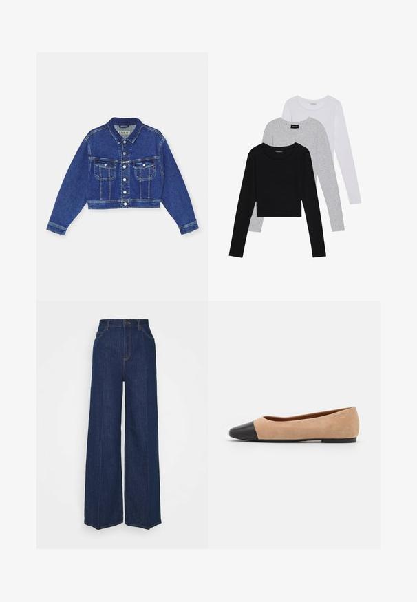 Niebieska dżinsowa kurtka typu cropped z zapięciem na guziki, dwiema kieszeniami na piersi i długimi rękawami. Klasyczny fason z kontrastowym przeszyciem i kołnierzykiem.; Trzy bluzki z długim rękawem ułożone jedna na drugiej: czarna, szara i biała. Każda z okrągłym dekoltem i skróconym fasonem, wykonana z gładkiego, lekkiego materiału.; Jeansy z wysokim stanem, szerokimi nogawkami w ciemnoniebieskim kolorze, z kieszeniami z przodu i z tyłu, z zapięciem na guzik oraz widocznymi detalami w stieniu.; Beżowe zamszowe baleriny z czarnym skórzanym okrągłym noskiem, niskim obcasem i gładką teksturą, charakteryzujące się minimalnym przeszyciem i prostym designem.