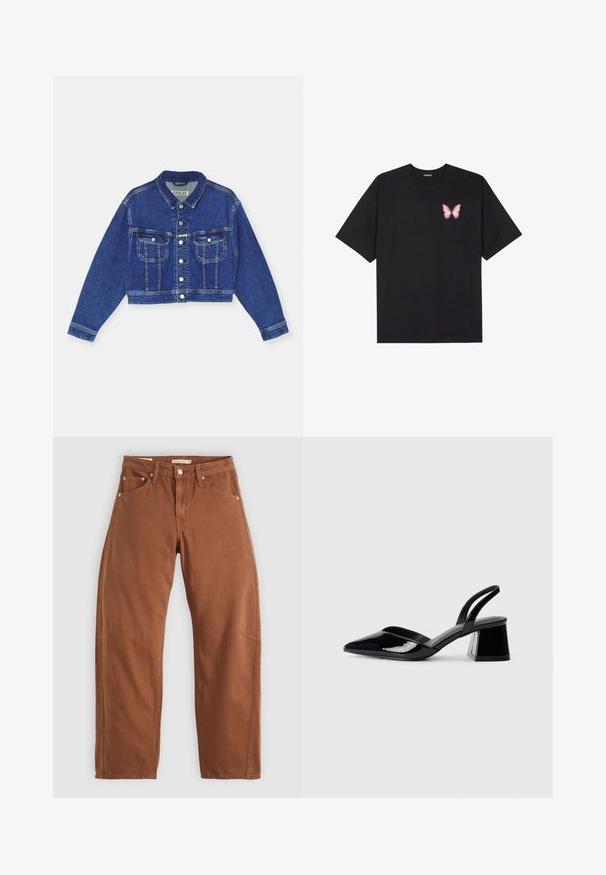 Modra denimska nazwana jakna s prsnim gumbom, dvema prsniškima žepoma in dolgimi rokavi. Klasična zasnova s kontrastnim šivanjem in ovratnikom.; Črna bombažna majica s kratkimi rokavi, ki ima majhen roza metuljček na levi strani prsnega dela. Majica s krožnim ovratnikom in sproščenim krojem.; Rjavi rjavi ravni hlače z zadrgo in zankami za pas, z zadnjimi in sprednjimi žepi ter kovinskimi zakovicami, razpolagane na beli podlagi.; Črne lakirane slingback pete s koničastim nosom in geometrijsko blokasto peto. Imajo eleganten, minimalističen dizajn in gladko teksturo.