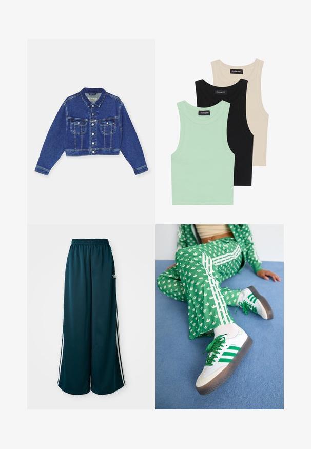 Sinine denimist lühikese lõikega jakk, millel on nööbiga sulgemine, kaks rinnapaneeli ja pikad varrukad. Klassikaline disain kontrastsete õmblustega ja kraega.; Kolm t-särki mentool verdes, mustas ja beežis; ribakangast, ümmarguse kaelusega ja ilma varrukateta. Brändi silt on nähtav.; Scinteel rohelised laiad pusad, millel on elastne vöökoht, kolmest valgest triibust külgedel ja Adidas logo vasakul küljel.; Roheline mustriga sportlik komplekt valgete lillemotiivide ja valgete triipudega, mille juurde kuuluvad valged spordijalatsid roheliste triipude ja sädeleva paelaga.