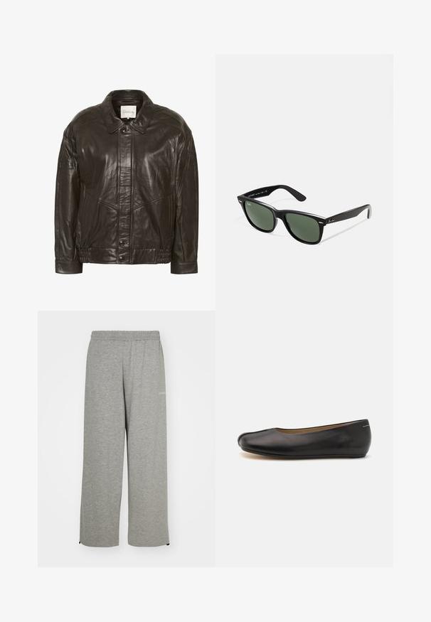 My Essential Wardrobe Leren jas - delicioso; Witte sweater met lange mouwen, zwarte horizontale strepen, geribbeld textuur, ronde halslijn en zijsplitten aan de onderkant.; iets frans... HARRI WIDE LEG JOGGER UNISEX - Trainingsbroek - grey; Zwarte leren ballerina met een ronde neus, een gladde textuur, een laag profiel en een minimalistisch ontwerp, met een subtiele naaddetail.; Zwarte plastic zonnebril met groene lenzen, vierkante montuur, zilveren accent op de wenkbrauw en een gestructureerde tempel. Merken vermeld op de binnenkant van de arm.; Zwarte synthetische handtas met een gebogen vorm, zilveren kettingriem, ritsluiting en een reliëf logo van het merk op de voorkant. Gladde textuur.