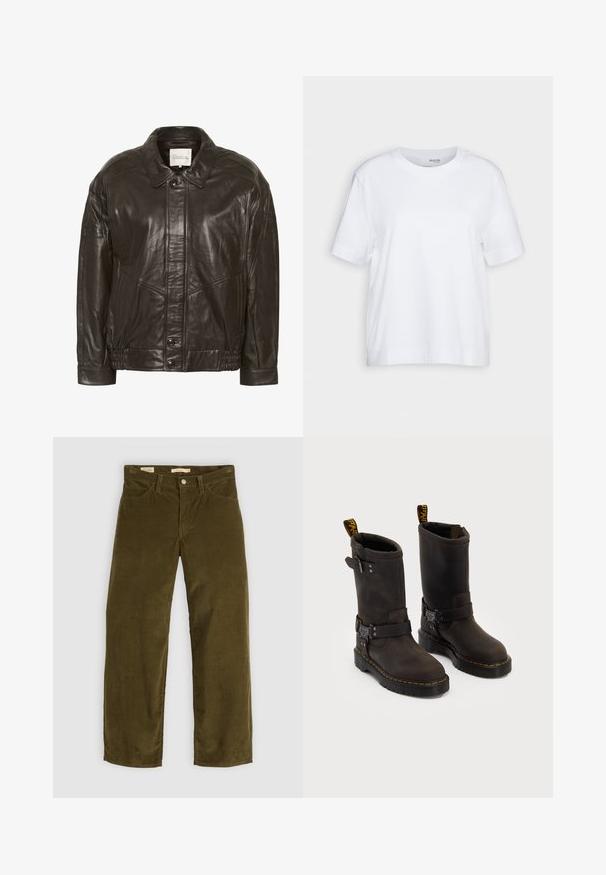 My Essential Wardrobe Leather jacket - delicioso; White short-sleeve t-shirt, crew neck, made of soft, smooth cotton fabric, with a straight hem and minimal detailing. Plain and versatile design.; Olive green corduroy trousers with a straight leg design, featuring front pockets and a button fly, displaying vertical ribbed texture.; Dark brown leather boots with a mid-calf design, yellow stitching, adjustable buckle straps, and pull tabs on the top. Textured finish.