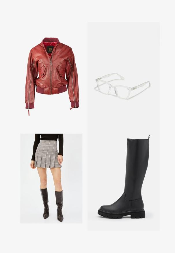 Rød læder bomberjakke med ribbede manchetter og kant, udstyret med lynlåslommer og lynlås lukning foran. Indvendigt foret med rød stof.; Afskåret sort strikket sweater med en tekstureret stof, rund halsudskæring og løst siddende lange ærmer.; Gråternet mini nederdel med plisseringer, som har vertikale og vandrette linjer i sort, hvid og rød. Kombineret med sort knæhøje støvler.; Sort knæhøj støvle lavet af glat, mat materiale med en kraftig sål, rund tå og et trækstrop øverst for nem påklædning.; Klare rektangulære briller med gennemsigtige rammer og lige arme. Har diskrete detaljer ved tindingerne. Letvægtsdesign.; Sort læder hobo taske med en blød, buet form. Har en bred toprem og rynker i bunden for en afslappet struktur.