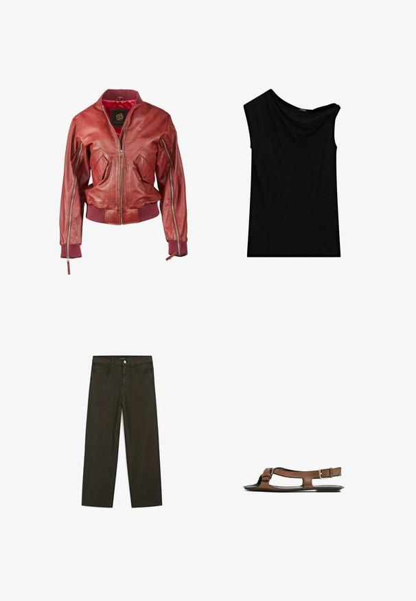 Rød læder bomberjakke med ribbede manchetter og kant, udstyret med lynlåslommer og lynlås lukning foran. Indvendigt foret med rød stof.; Sort ærmeløs top lavet af blød stof, med en asymmetrisk halsudskæring og draperet detaljer på den ene side. Glat tekstur, skræddersyet pasform.; Mørkegrønne brede jeans lavet af en bomuldsblanding, med en frontlukning med knap, fem lommer og klassisk denim-syning.; Brune lædersandal med åben tå og udskæringer på siden. Har en ankelrem med en metalspænde og en flad sål.