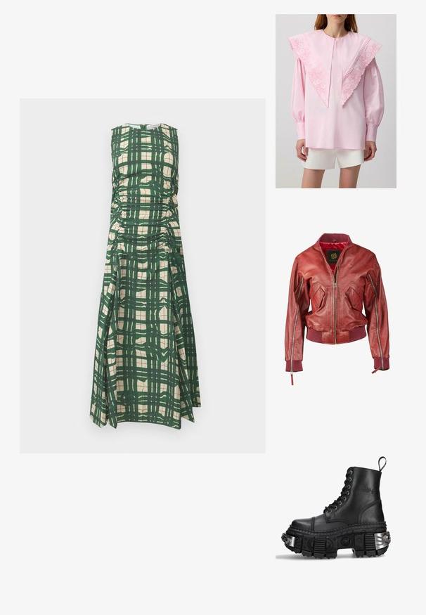 Rød læder bomberjakke med ribbede manchetter og kant, udstyret med lynlåslommer og lynlås lukning foran. Indvendigt foret med rød stof.; Pink skjorte med en stor, broderet krave med blomstermønstre, lange ærmer og samlede manchetter, parret med hvide shorts.; Grøn og cremefarvet plaid ærmeløs kjole med samlede sidelæggelser og rund halsudskæring, lavet af et glat tekstureret stof.; Sort læder kampstøvle med høj krave, rund tå, tyk tekstureret sål, sølvfarvede hardwaredetaljer og karakteristisk sålmønster.