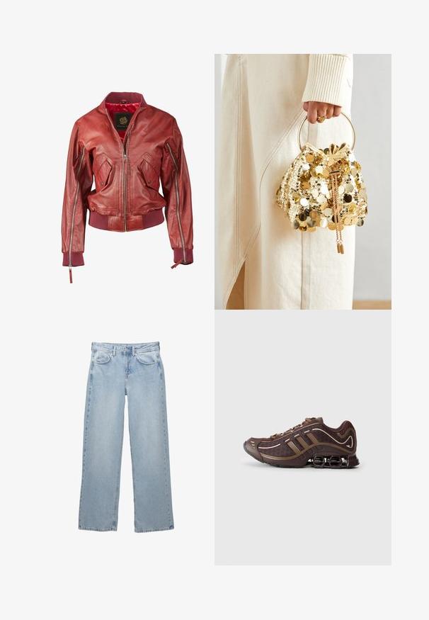 Rdeča usnjena bomberska jakna z rebrastimi manšetami in obodom, opremljena z zadrgo na žepih in sprednjim zapiranjem z zadrgo. Notranjost oblazinjena z rdečim materialom.; Črn dolg rokav vrh iz mehkega materiala, s drapirano zasnovo in križnim sprednjim delom ter čolnasto izrezom. Gladka tekstura, krajša dolžina.; Svijetloplave traperice širokog kroja, s kopčanjem na dugme i patentni zatvarač, pet džepova i minimalnim šavovima.; Rjava športna čevlja z mrežasto in sintetično zgornjimi deli, ki imata tri črte, podrobno šivanje, oblazinjen podplat in značilno elastično peto.; Zlatna torba s cirkonima na povlačenje s kružnom drškom, koja sadrži sjajne okrugle cirkone i teksturiranu tkaninu. Dimenzije nisu navedene.