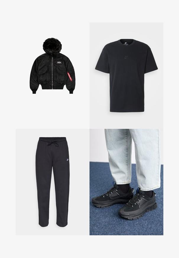 Čierna bomber bunda s kožušinkovým kapucňou, predným zipsom, dvomi veľkými vreckami, elastickými rukávmi a červenou nášivkou na rukáve.; Čierne bavlnené tričko Nike s klasickým okrúhlym výstrihom, krátkymi rukávmi a jemne embosovaným logom na hrudi. Hladká textúra.; Čierne tepláky vyrobené z mäkkej tkaniny s elastickým pásom, sťahovacou šnúrkou a malým logom Nike na ľavom stehne.; Čierne športové topánky s textúrovanou tkaninou a gumovou podrážkou, so elastickými šnúrkami a modrým akcentom na päte. Nosia sa s svetlými riflami.