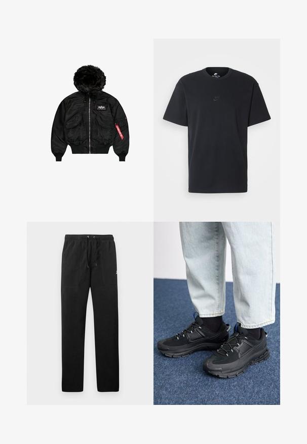 Sort bomberjakke med faux fur hætte, frontlynlås, to store lommer, elastiske manchetter og detalje med rød mærke på ærmet.; Nike sort bomulds t-shirt med en klassisk rund hals, korte ærmer og et diskret, præget logo på brystet. Glat tekstur.; Sorte sweatpants lavet af fleece, med en elastisk talje med snore, to frontlommer og et lille logo på låret.; Sorte træningssko med tekstureret stof og gummisåler, udstyret med elastiske snørebånd og en blå detalje på hælen. Bæres med lyse denimbukser.