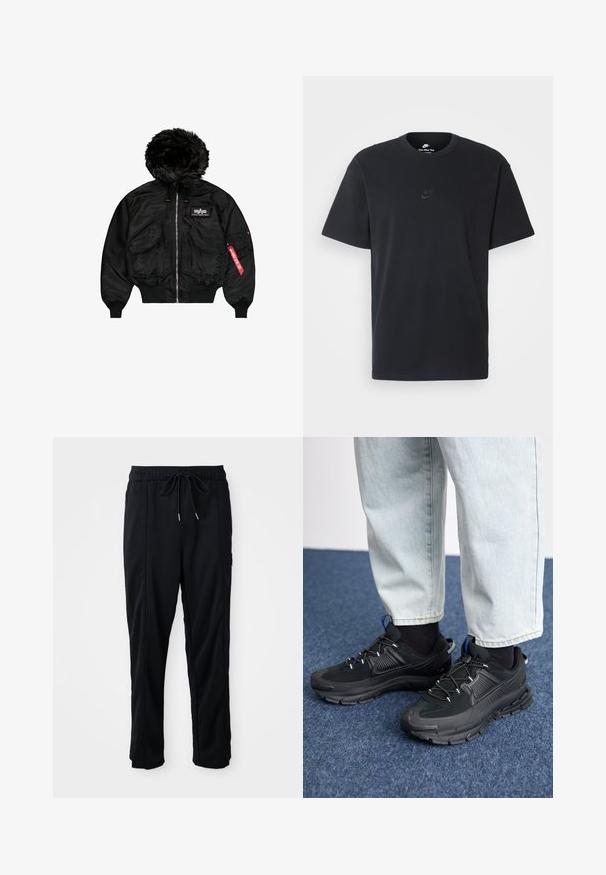 Fekete bomber dzseki műszőrmés kapucnival, elöl cipzárral, két nagy zsebbel, rugalmas mandzsettákkal és piros címke részlettel az ujjon.; Fekete pamut póló Nike márkájú, klasszikus, kerek nyakú, rövid ujjú, és letisztult, dombornyomott logóval a mellkason. Simább textúra.; Fekete húzózsinóros, kényelmes nadrág oldalsó varrású zsebekkel és egyenes szabással, egyszínű háttéren.; Fekete sportcipők texturált anyaggal és gumitalppal, elasztikus fűzőkkel és kék kiegészítővel a saroknál. Világos farmernadrággal viselve.