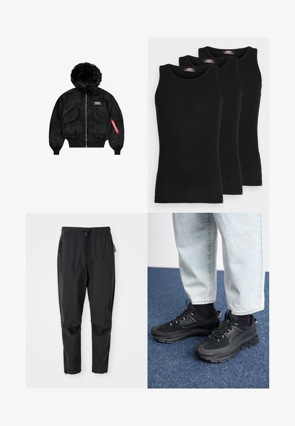 Chaqueta bomber negra con capucha de piel sintética, cremallera frontal, dos grandes bolsillos, puños elásticos y un detalle de etiqueta roja en la manga.; Camisetas sin mangas negras en un pack de tres. Textura acanalada, escote redondo estándar. El dobladillo presenta un pequeño logo de la marca en la parte inferior.; Pantalones ligeros negros con cintura elástica, cordón ajustable, bolsillos laterales con cremallera, rodilleras articuladas y cremalleras en los tobillos.; Zapatillas deportivas negras con tejido texturizado y suelas de goma, con cordones elásticos y un acento azul en el talón. Combinadas con pantalones de mezclilla claros.