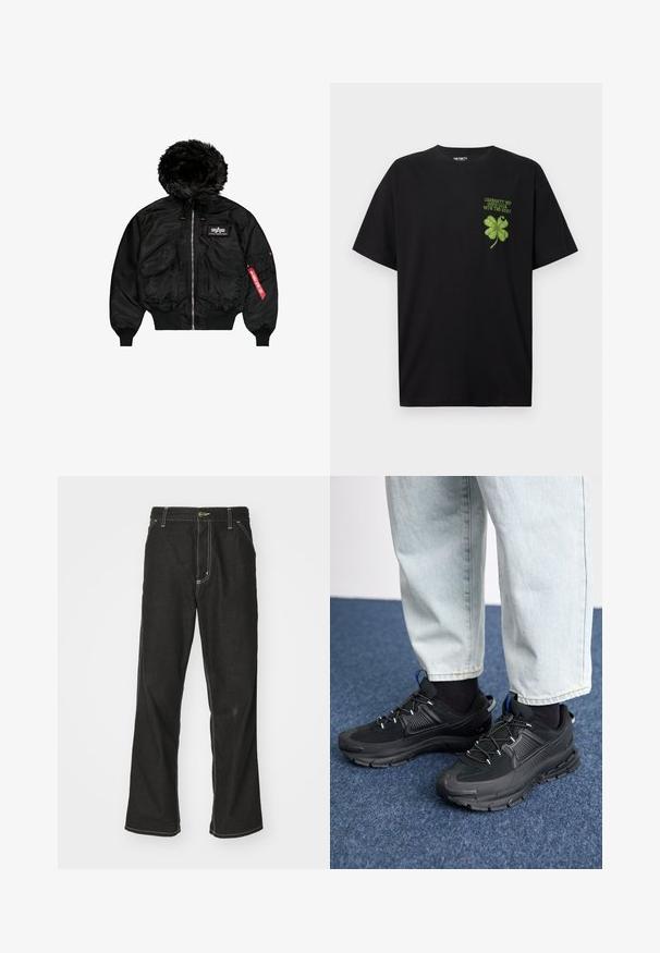 Sort bomberjakke med faux fur hætte, frontlynlås, to store lommer, elastiske manchetter og detalje med rød mærke på ærmet.; Sort bomulds t-shirt med et grønt firekløver grafik og teksten "GOOD LUCK WITH THE REST" på venstre brystområde.; Sorte denimjeans med løs pasform, der har kontrasterende hvid syning, en knaplukning og et lige ben-design.; Sorte træningssko med tekstureret stof og gummisåler, udstyret med elastiske snørebånd og en blå detalje på hælen. Bæres med lyse denimbukser.