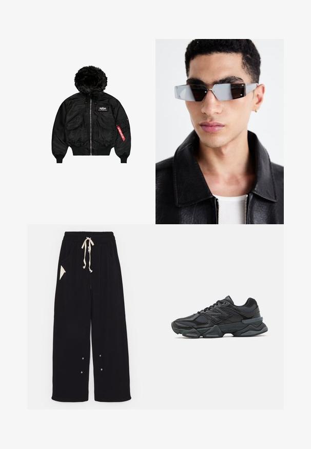 Sort bomberjakke med faux fur hætte, frontlynlås, to store lommer, elastiske manchetter og detalje med rød mærke på ærmet.; Sort kortærmet T-shirt lavet af bomuld med rund hals og afslappet pasform. Glat tekstur med minimale syningsdetaljer.; Sorte bredde ben bukser lavet af blødt stof med snoreliv, sidelommer og en trekantet accentlomme. Sølv hardware detaljer inkluderet.; Sorte løbesko med en blanding af mesh og syntetiske materialer, kraftig sål, buet design og fremtrædende branding på siden.; Vinkelformede gråtonede solbriller med sølvhardware, sat mod en lys baggrund. Linsen har en unik geometrisk form.