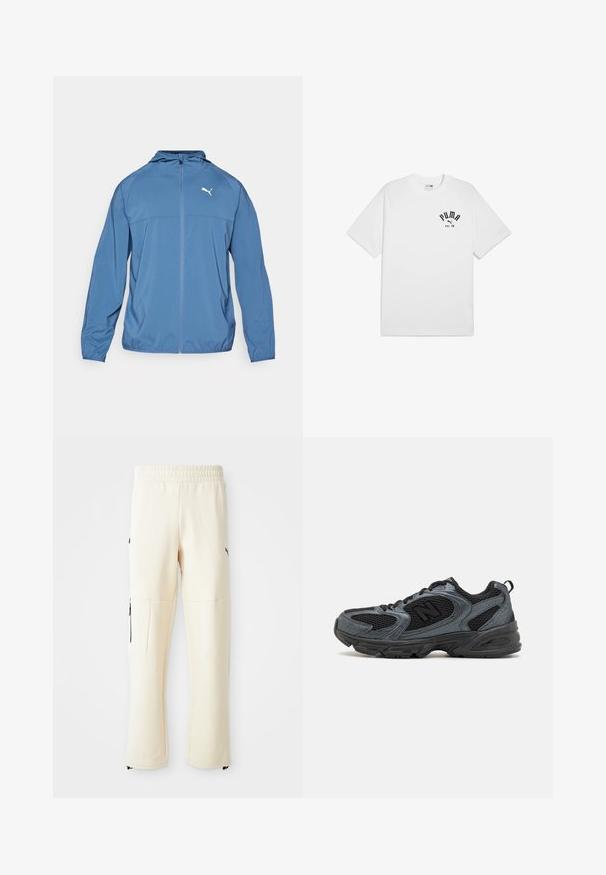 Mėlynas lengvas lengvas paltas su kapišonu, užtrauktuku priekyje ir ilgomis rankovėmis; turi kontrastingą baltą logotipą kairėje krūtinės pusėje. Lygus paviršius.; Balta medvilninė trumpomis rankovėmis marškinėliai su apvaliu iškirpimu, ant krūtinės turintys juodą atspaudo logotipą. Paprastas, klasikinių dizainas.; Šviesiai smėliniai sportiniai kelnių pagaminti iš minkštos medžiagos. Yra juodas logotipas, šoniniai kišenės su užtrauktukais ir laisvas siluetas.; Juodi ir pilki sportiniai bateliai su tekstūruoto tinklo viršumi, guminiais padais ir palaikančia konstrukcija. Yra logotipas ir raištelių sistema.