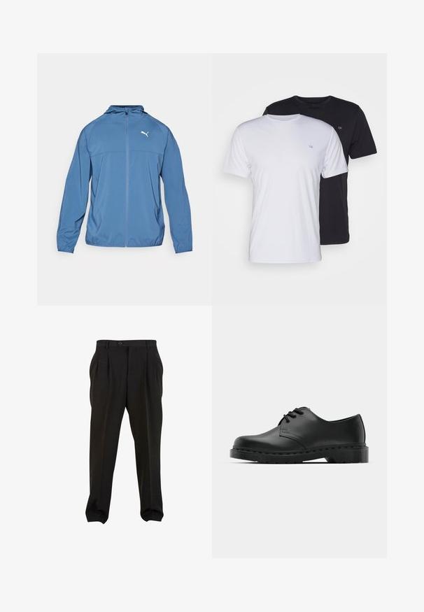 Giacca leggera blu con cappuccio, chiusura frontale con zip e maniche lunghe; presenta un logo bianco a contrasto sul lato sinistro del petto. Texture liscia.; Due magliette in cotone, una bianca e una nera, a maniche corte con scollo tondo, caratterizzate da un piccolo logo sul petto e una trama liscia.; Pantaloni neri in tessuto morbido, con pieghe frontali, vita con bottone e polsini a gamba affusolata. Silhouette classica e sartoriale.; Scarpa oxford in pelle nera con design con lacci, punta arrotondata, suola piatta in gomma e dettagli di cucitura discreti lungo la parte superiore.