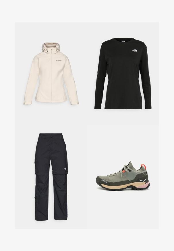 Veste en softshell beige pour femmes avec une fermeture éclair à l'avant, capuche ajustable et deux poches latérales. Présente une texture lisse et un branding subtil.; T-shirt noir à manches longues en coton avec un col rond. Présente un petit logo blanc sur la partie gauche de la poitrine. Design et coupe simples.; Pantalons cargo en nylon noir, à zip amovible, avec chevilles ajustables, plusieurs poches et un logo sur la jambe droite. Texture lisse et légère.; Chaussure de randonnée légère verte avec des matériaux en mesh et en caoutchouc, semelle extérieure noire antidérapante, accents roses et oranges, et capuchon renforcé.