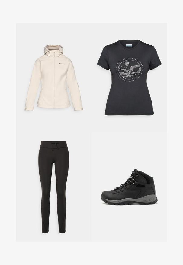 Women's beige softshell jacket with a zip front, adjustable hood, and two side pockets. Features a smooth texture and subtle branding.; Black Columbia t-shirt with white circular mountain and river line art and text "Columbia Sportswear Company Outside Since 1938."; Black leggings with a high waistband, drawstring, smooth texture, and fitted design. Features stitching details along the sides.; Black hiking boot with a mid-top design, featuring a textured upper, gray accents, and durable rubber sole with traction lugs.