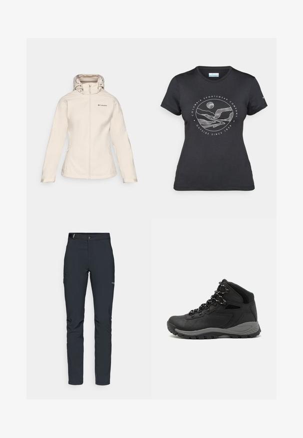 Ženska bež softshell jakna s patentenim prednjim dijelom, podesivom kapuljačom i dva bočna džepa. Ima glatku teksturu i suptilno brendiranje.; Crna Columbia majica s bijelim kružnim crtežom planine i rijeke te natpisom "Columbia Sportswear Company Outside Since 1938."; Muške outdoor hlače, tamno sive boje, izrađene od fleksibilnog materijala, s remenom, džepovima na patentni zatvarač i ojačanim šavovima.; Crne planinarske čizme s dizajnom srednjeg vrha, sa teksturiranim gornjim dijelom, sivim akcentima i izdržljivom gumom potplatom s uzorkom za prianjanje.