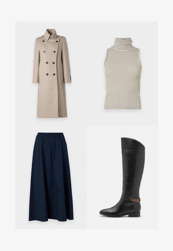 Beige dobbeltbrystet frakke i uldblanding med høj krave, sorte knapper, lige snit og sidelommer for et struktureret udseende.; Ærmeløs turtleneck-top med lodrette sorte og hvide striber, lavet af en struktureret strikket stof, med en høj, tætsiddende krave.; Mørkeblå, lang nederdel lavet af tekstureret stof med elastisk talje og subtile lodrette striber.; Høje sorte læderstøvler med et slankt design, spids tå og en guld kædeaccent ved anklen. Lav blokhæl. Glat overflade.