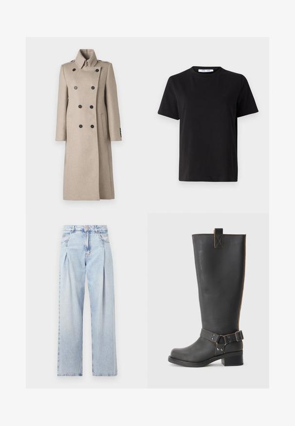 Beige dvouřadý kabát z vlněné směsi, který se vyznačuje vysokým límcem, černými knoflíky, rovnými liniemi a bočními kapsami pro strukturovaný vzhled.; Černé tričko s krátkým rukávem vyrobené z měkké bavlny, s kulatým výstřihem, volným střihem a hladkým povrchem. Žádné viditelné vzory ani grafika.; Světlé modré džíny z denimu s vysokým pasem, širokým střihem, dvěma bočními kapsami a nařaseným designem. Měkká textura s vybledlým povrchem.; Černé kožené vysoké boty po kolena s texturovaným povrchem, které mají boční kovovou sponu a nízký podpatek. Podrobné šití podél švů.