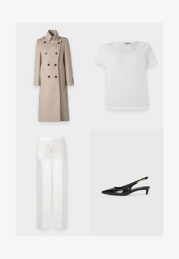 Beige dubbelknäppt kappa i ullblandning, med hög krage, svarta knappar, rak passform och sidfickor för en strukturerad look.; Vit kortärmad t-shirt i mjukt tyg, med rund halsringning och rak nederkant utan synliga mönster eller detaljer.; Vita linnekostymbyxor med rak snitt, med platt front, bälteshällor och inga synliga fickor, som har en jämn, lätt textur.; Svart läder slingback-hälar med spetsig tå, med en smal klack och en guldtonad detalj på den justerbara remmen. Slät textur.