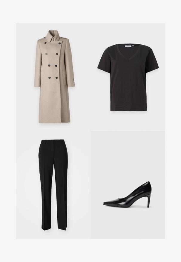 Cappotto doppio petto beige in misto lana, con colletto alto, bottoni neri, taglio dritto e tasche laterali per un look strutturato.; T-shirt in cotone nero con scollo a V e maniche corte. Design semplice con vestibilità regolare, senza motivi o dettagli.; Pantaloni neri su misura con un design a gamba dritta, caratterizzati da una texture liscia e pieghe ben definite sul davanti. Senza hardware visibile.; Scarpa con tacco alto in pelle nera, con punta affusolata, texture liscia e tacco rastremato. Design minimalista, senza ulteriori decorazioni.