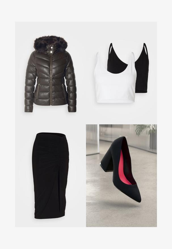 Morgan GKIDIA - Zimska jakna - chocolat; Dva bombažna crop topa v beli in črni barvi. Vsak ima globok izrez in tanke naramnice, ter se ponaša z gladko, mehko teksturo.; Črna, nabrana svinčnik krilo z detajlom v obliki traku in stranskim razporkom. Narejeno iz raztegljive tkanine, ki se ponaša z gladko teksturo in oblikovanjem, ki se prilega telesu.; Črne visoke petke z nazobčanim prstom, teksturirano površino in živahnimi rožnatimi notranjimi deli. Imajo robustno peto z srebrnim akcentom.